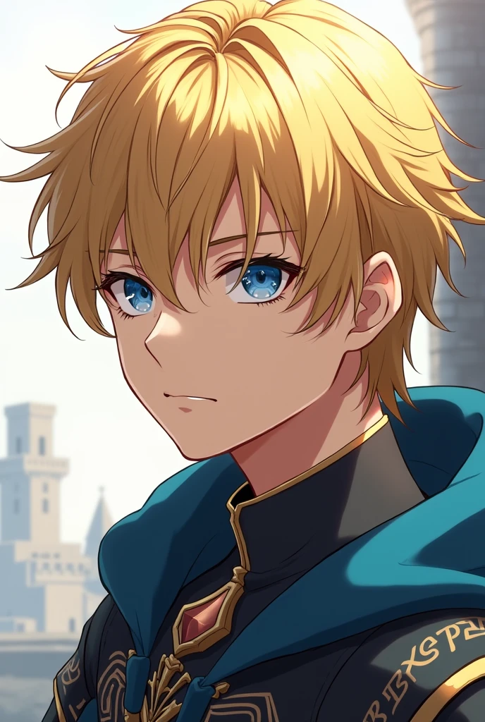 anime man with blonde hair and blue eyes, with the name lancelot