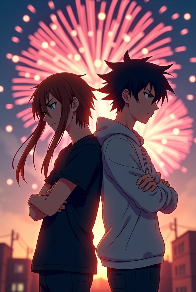 Two high school boys are standing back to back with fireworks in the background。The boy on the left has brown hair that reaches down to his shoulders.。The guy on the right has black hair in an anime style.