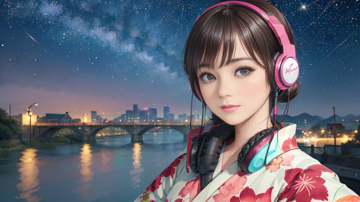 (Highest quality, 8k, masterpiece, High resolution), (whole body), Vibrant colors, ((headphones, wearing headphones)), Brown-black bob, Traditional round topknot, Ample breasts, (Highly detailed face and eyes, Beautiful Face, Beautiful Eyes, Beautiful nose, Pretty lips), (Beautiful woman standing on a riverside observation deck), A friendly gaze, Oh! Facial expression that, (Vivid floral patterned kimono), Official Art, The background is a wide river, Nearby bridge, Riverside streetscape, Mountains in the distance, ((night, starry sky)), Detailed CG,
