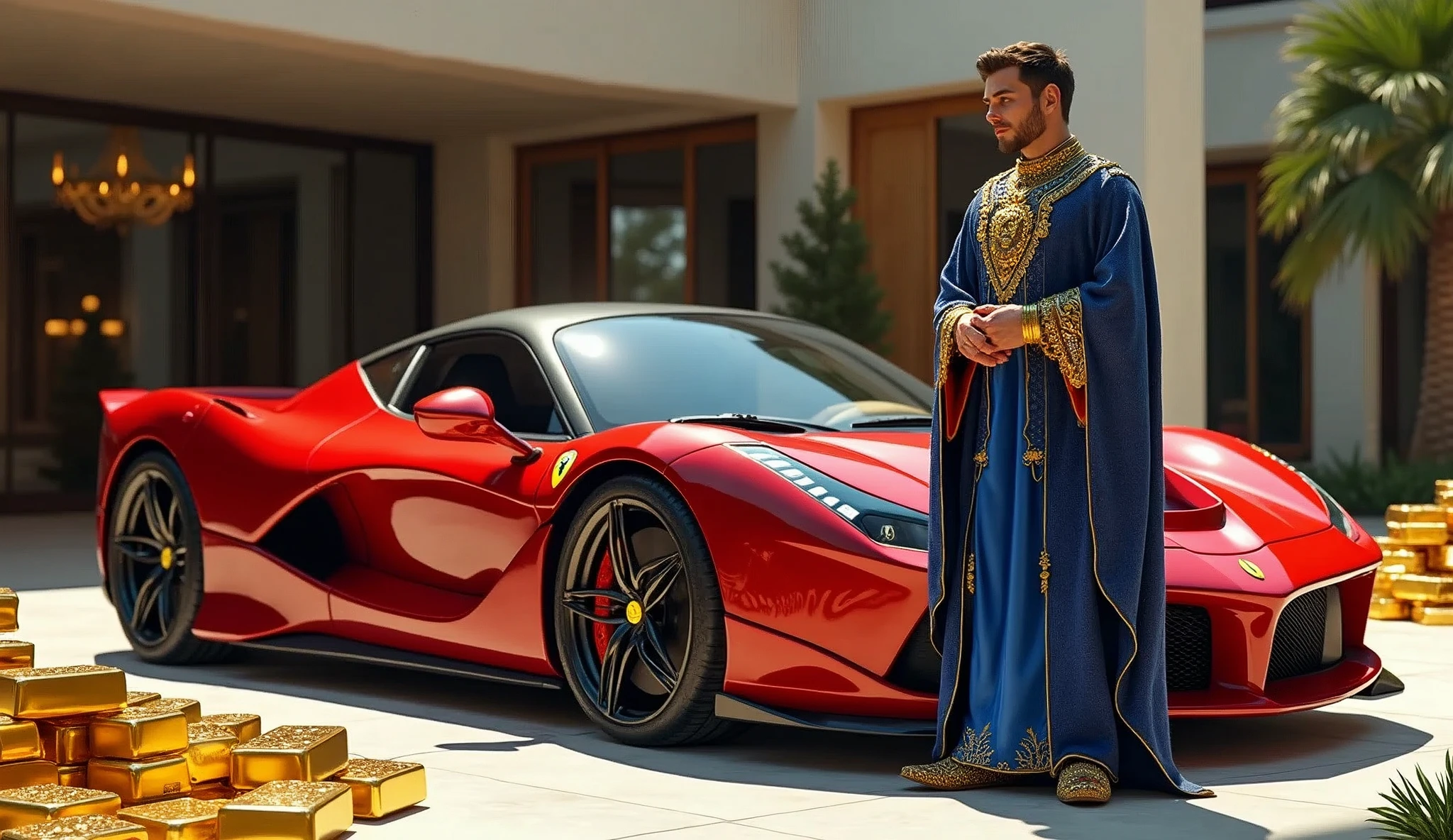 CREATE AN ULTRAREALISTIC IMAGE WITH A BEAUTIFUL RED FERRARI PARKED NEXT TO GOLD BARS AND OPEN SUITCASES WITH DOLLARS INSIDE, IN THE BACKGROUND A BEAUTIFUL MANSION WITH WOMEN AND NEXT TO THE FERRARI A HANDSOME YOUNG WIZARD IN BLUE CLOTHES AND FULL OF JEWELS AS PER THE MAGIC OF THE TIP, PERFECT WIZARD HANDS WITH 5 FINGERS, EA FERRARI BIG, real life size, AND THE MODERN MANSION, MODERN ARCHITECTURE WITH BEAUTIFUL WOMEN IN THE FRONT