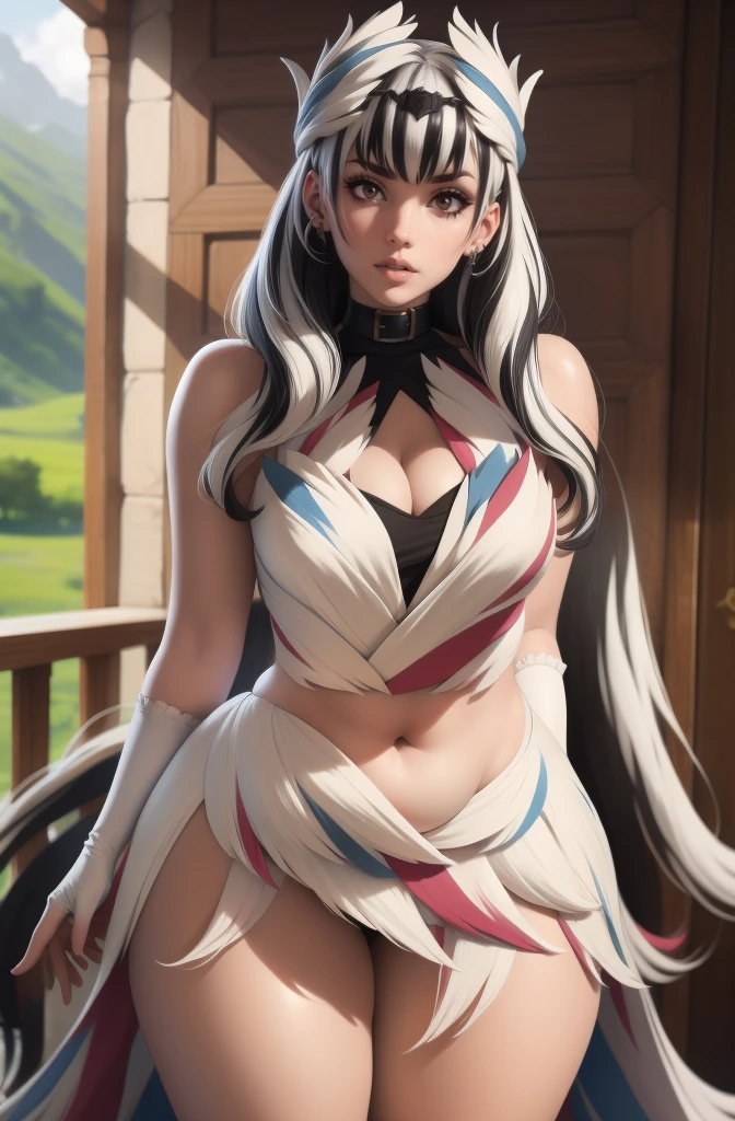 (best quality,4k,8k,highres,masterpiece:1.2), ultra-detailed, (realistic,photorealistic,photo-realistic:1.37), HDR, UHD, studio lighting, ultra-fine painting, sharp focus, physically-based rendering, extreme detail description, professional, vivid colors, bokeh, portraits, photography, (best quality,masterpiece:1.3), (mature woman, milf), (tall:1.2), anime, masterpiece, beautiful eyes, best quality, detailed face, 1girl, solo, beautiful, veyle, long hair, very long hair, (black and white hair:1.2), dress, gloves, bare shoulders, white dress, collar, sleeveless dress, elbow gloves, cleavage, curvy, Chubby, Chubby Face, Plump, Fat, Fat Rolls, big belly, sciamano240, soft shading, detailed, semi-realistic,