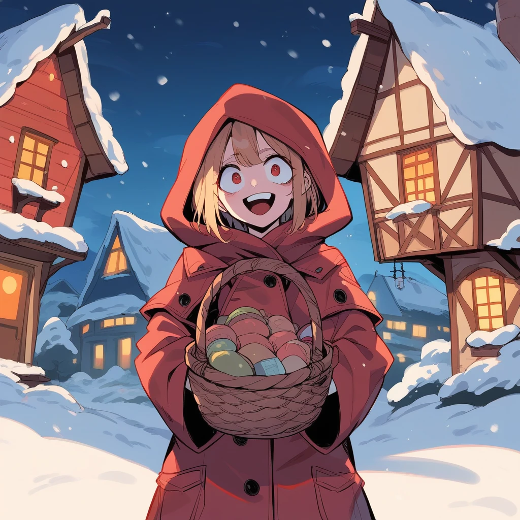 Boldly brushed anime style illustration, midwinter night, crazy fun, cinematic lighting, 19th century London, snowy night, burning house, one girl, front view, the little match girl laughing cruelly, she wears a red coat with a hood and holds a basket of matchboxes under her arm. Front view
