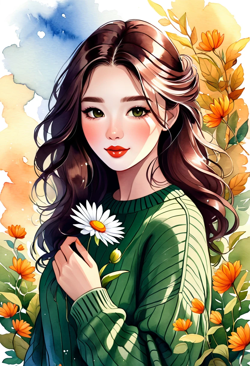 Watercolor drawing of a woman holding a flower, with wavy hair and wearing a green sweater.   Her face has an adorable floral motif, in a cute cartoon style.   The atmosphere is peaceful, with exteriors like falling leaves.   Ultra-realistic digital art with touches of fantasy, highlighting charm and beauty.