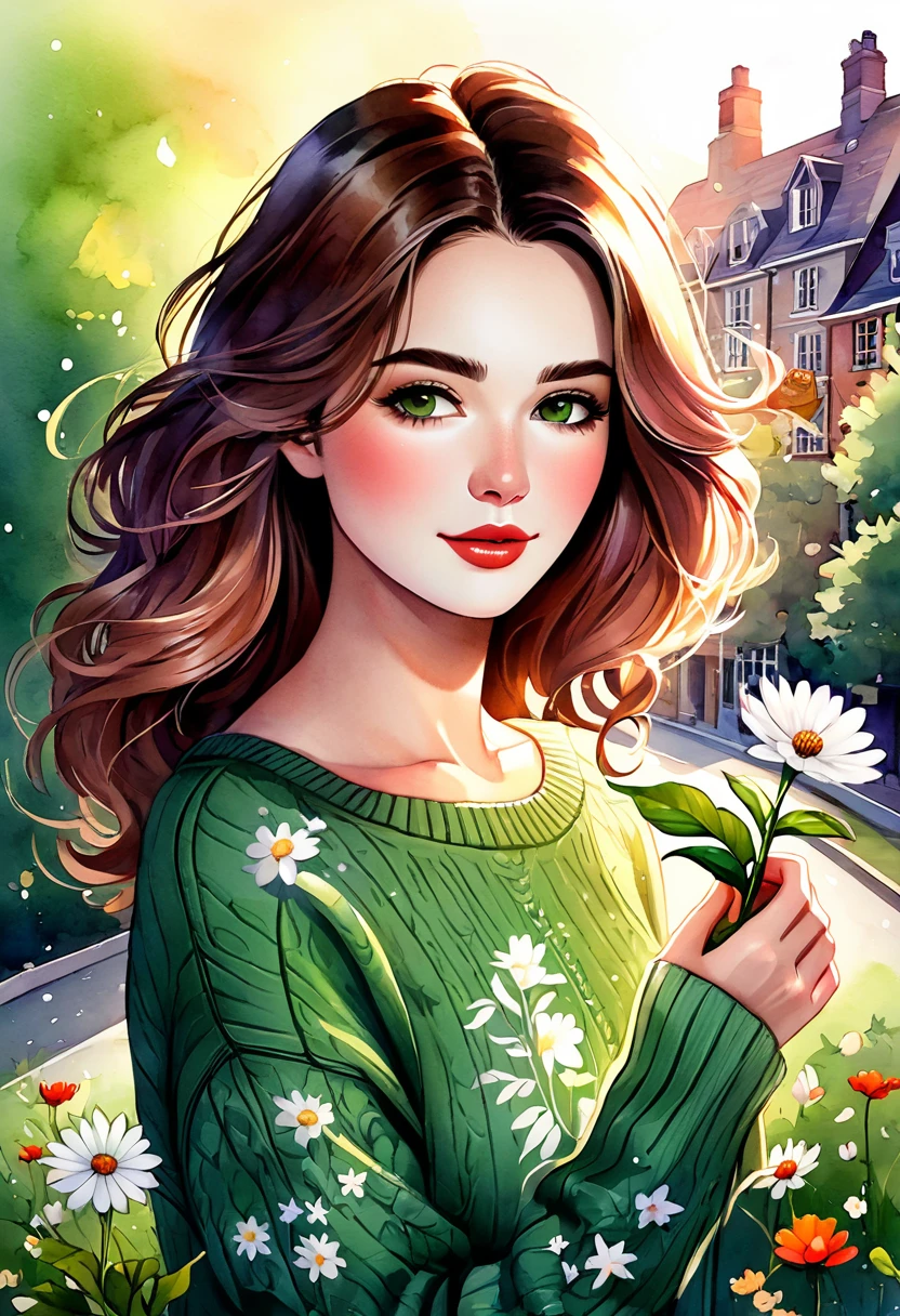 Watercolor drawing of a woman holding a flower, with wavy hair and wearing a green sweater. Her face has an adorable floral motif, in a cute cartoon style. The atmosphere is peaceful, with exteriors like falling leaves. Ultra-realistic digital art with touches of fantasy, highlighting charm and beauty.