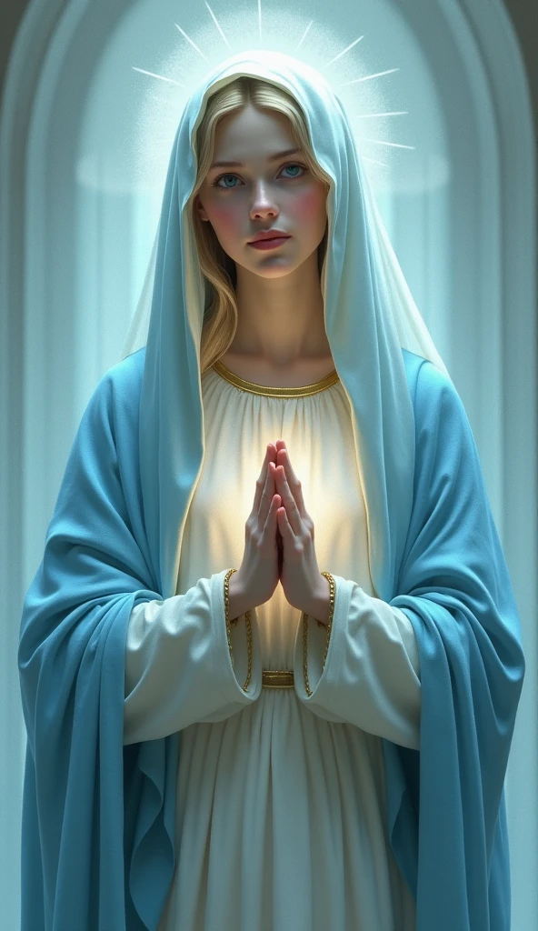 Beautiful young Virgin Mary with open arms looking down at the camera、Naked beneath the light blue cloak and veil