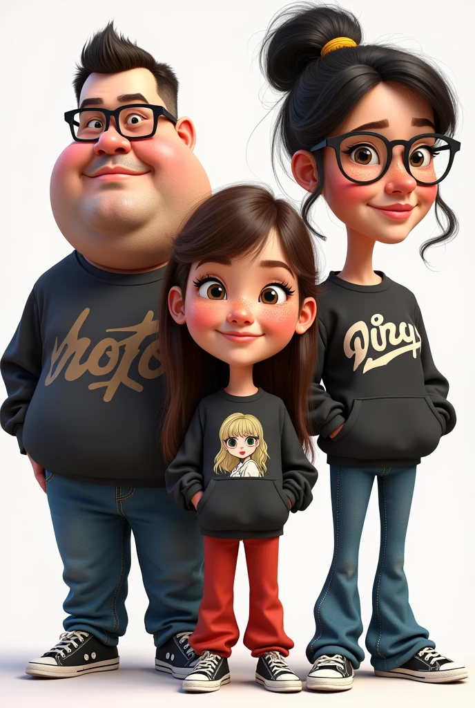 Draw three people as a caricature, The first is Samuel, a 23 year old man, stomach 1.80 meters, He is fat and has very short hair, He wears square glasses and always wears big sweatshirts. The second is Magda, una mujer de 21 años stomach 1.57 meters, She has long brown hair and bangs and she wears it tied up and she always wears a black Taylor Swift sweatshirt and the last person is Maria, A 22 year old woman, stomach 1.70, He has short black hair, She also has freckles and wears flared pants..