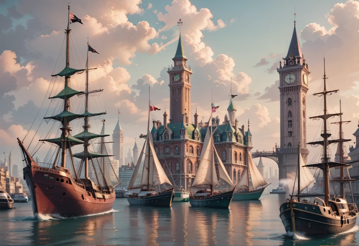 port city, port, docks, ships, circular tower, victorian city, tower, vampire aesthetic, foggy, summer, green ocean, masterpiece quality, ultra HD, 4K, best quality