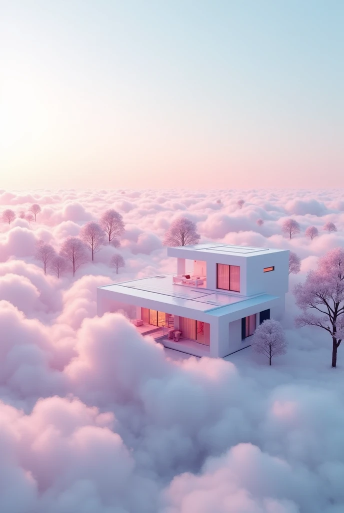futuristic houses, pastel colors, cotton clouds, surreal atmosphere, raw photo, drone shot