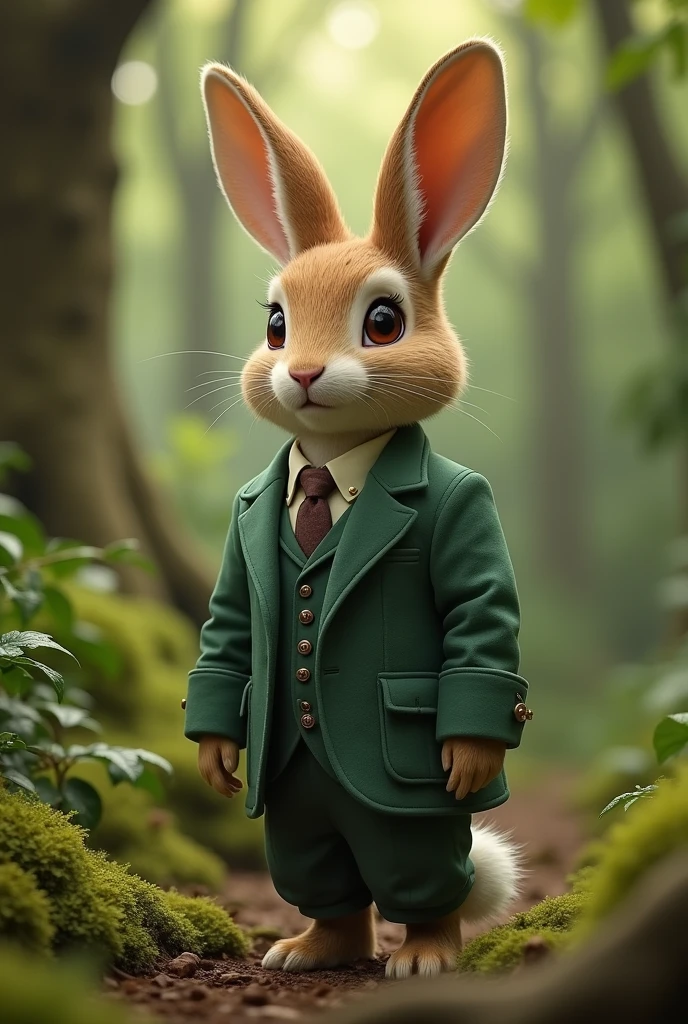 Rabbit wearing clothes. Natural dark green background