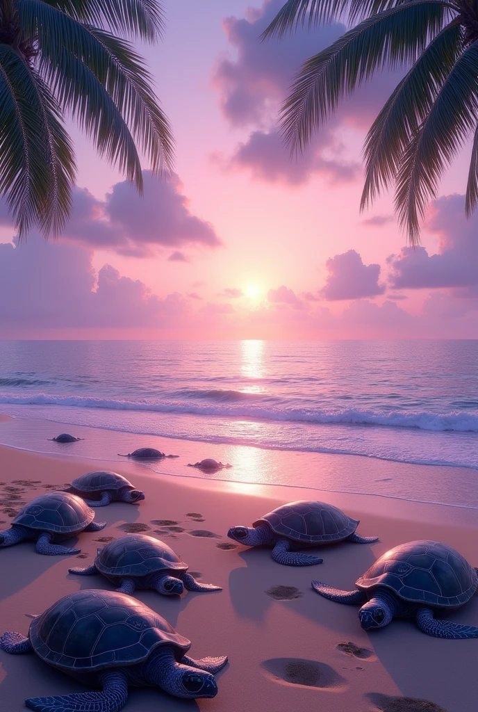 A beach with a purple sunset with turtles all around