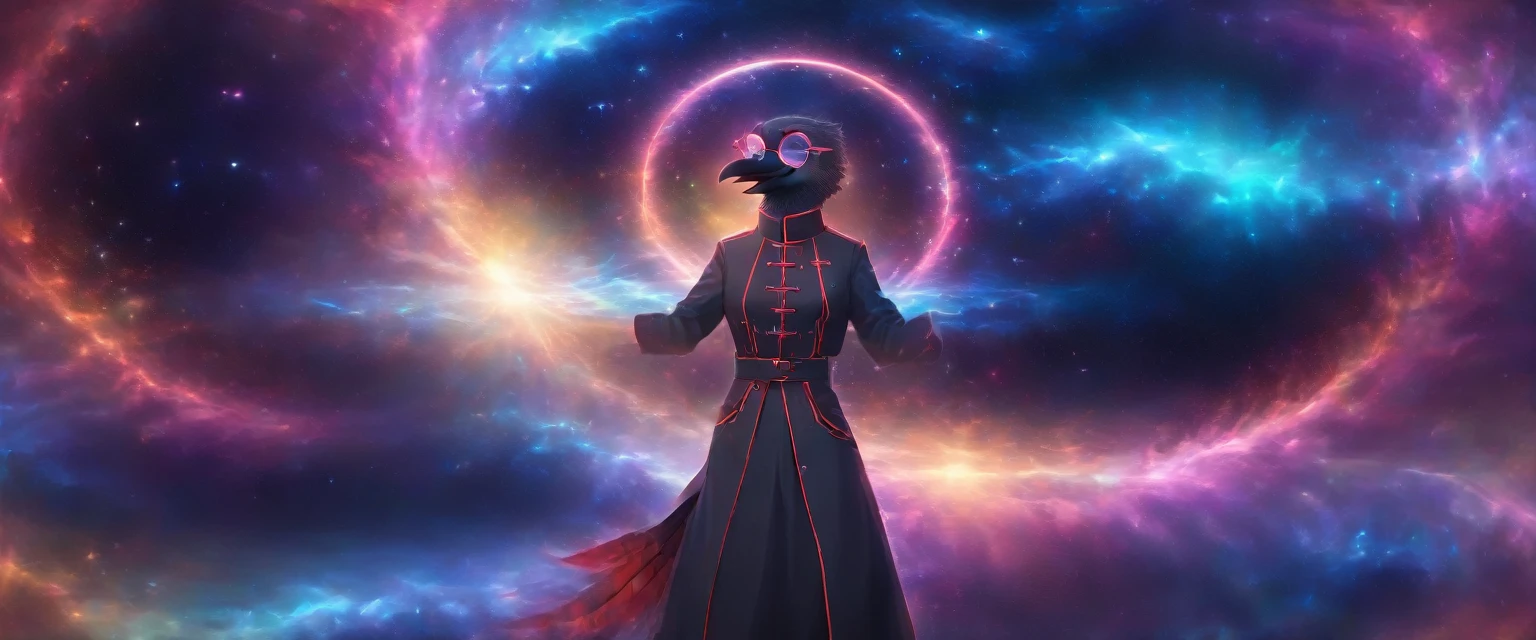 masterpiece,epic,corvid, smiling in a sadistic and disturbing way, priest's suit with red stripes, red vest under the trench coat, round red glasses, background of vapor waves,the universe in hands.