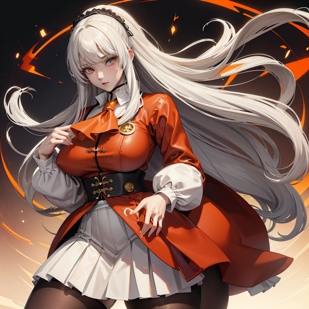 1 Girl, masterpiece, best quality, high quality, Olga_Mary, White_hair, orange_Eye, LONG hair, 两眼之间的hair, Long sleeve, jacket, Red Ascot, skirt, skirt, Pantyhose, 很长的hair, Cowboy shooting, 