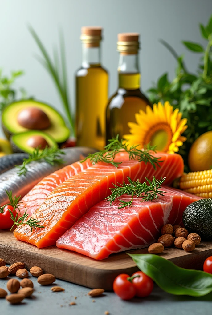 Generate me an image with all the foods that I will mention to you:
fish: salmon, sardines, tuna.
oils: olive, canola, Sunflower, corn and soybeans.
fruits: Avocado and olives.
Nuts and seeds: almonds, peanuts, pinions.
Make it with much more quantity than I mentioned.