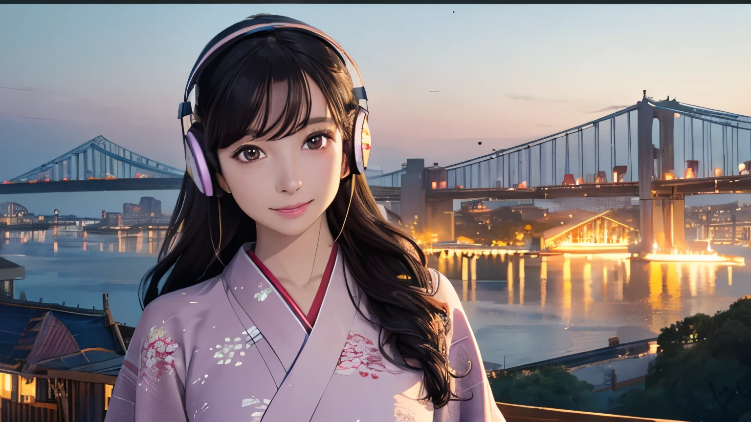 (Logo, masterpiece, 8K, table top, RAW photo, amazing, top quality, photorealistic and highly detailed CG composite 8K wallpaper, high quality, highly detailed, narrative poetry, particle effects, dynamic effects, depth of borders, cinematic light, lens flare, ray tracing), (1 beautiful woman in yukata, white yukata, light purple pattern), (headphones, wearing headphones), with black hair, high-resolution skin, very fine, fine-textured skin, beautiful face, real face, beautiful detail in eyes, real eyes, beautifully detailed eyes, real skin, beautiful skin, surreal, smiling eyes, Hair and Lights eyes, crisp, colourful lights and bokeh, plump lower lip, pink lips, Hair flutters in wind, hair bounces, great view, night, evening, wind, moon lights, lights