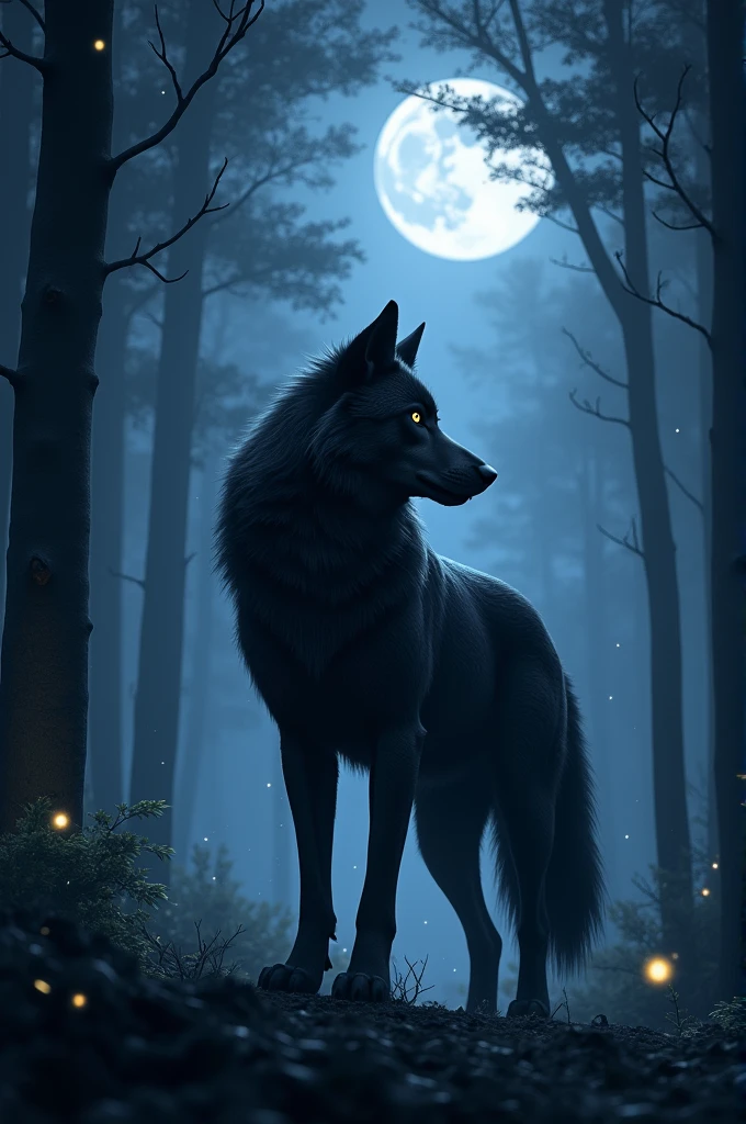 A large black wolf with beautiful fur in a glowing forest at night, moonlight illuminating the scene, stars twinkling in the sky, detailed and realistic, serene and magical atmosphere, high quality, 4k resolution