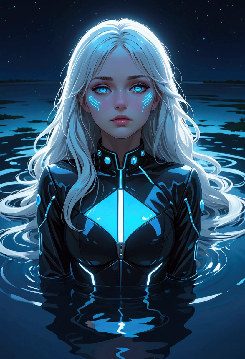 ((best quality)), ((masterpiece)), (detailed), perfect face, a beautiful woman with white long hair and a sky blue reflection, she has a tufted fringe, she has sky blue eyes, she has total black cyber suit clothes with some neon sky blue lights on it, cyber line on her face, she is suffering and dying lying in a pond, she has fatal injuries. total body. There is blood on her body and there is blood in the water.