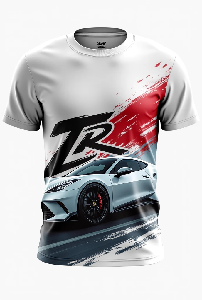 T-shirt with the symbol "ZR" white sports car with black and red symbol