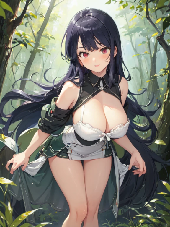 (masterpiece), 1girl, solo, standing in a forest, leaning forward, horny face, looking at viewer, front, big breasts, front, cleavage, Mirai, short girl