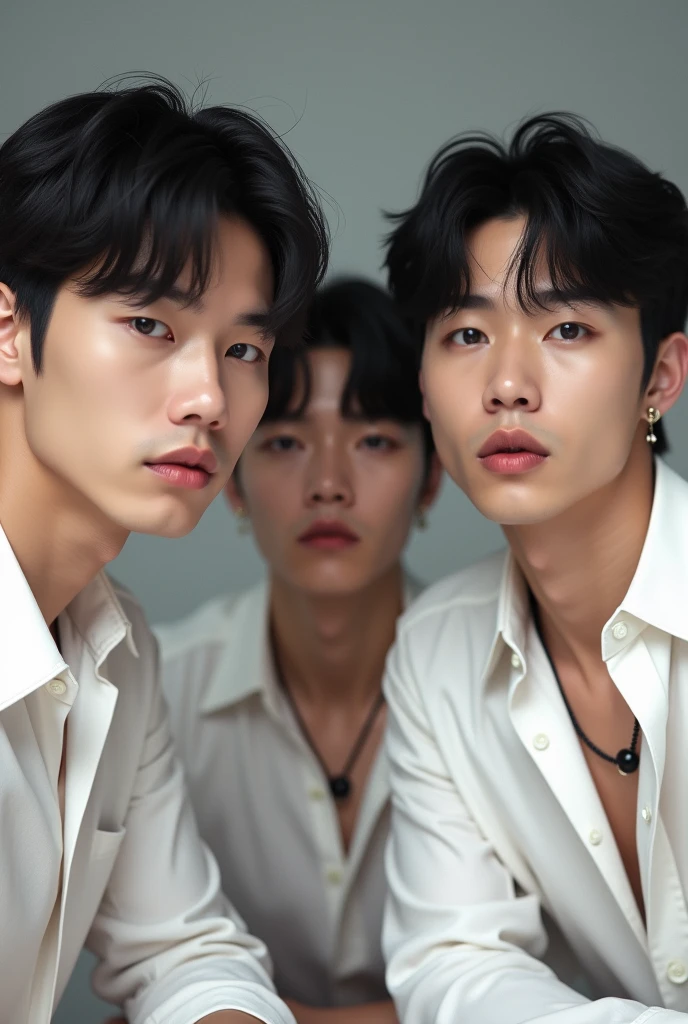 (Korean men's results, face structure is not very small, long eyelashes, short hair, black hair, light pink lipstick, velvet lipstick texture, equal eyes, high nose, wearing a black necklace, black earrings, wearing a white shirt, wearing white pants, playing a game.