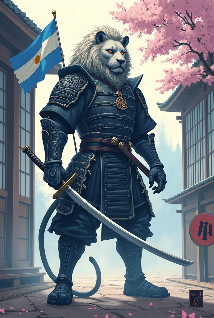 Samurai Lion in an  Japanese dojo, modern art, hand-drawn, gray, blue and white colors, Lion warrior, traditional Japanese architecture, cherry blossom tree in bloom, intricate samurai armor, katana sword, focused expression, whit big head dynamic pose, detailed linework, soft pastel shades of  blue, and lavender, artistic interpretation, ArtStation. Whit the medium Argentina flag and with a big sign that says ViP