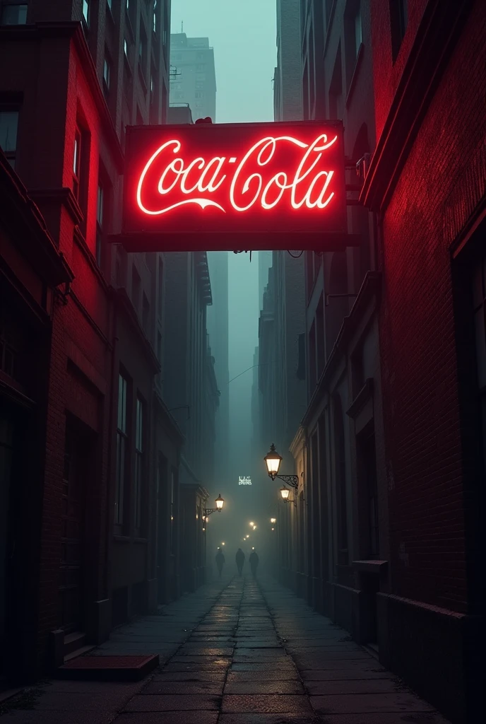 A dark alley at night, bottom view, cloudy, intricate, red neon coca cola ad at the top of a building