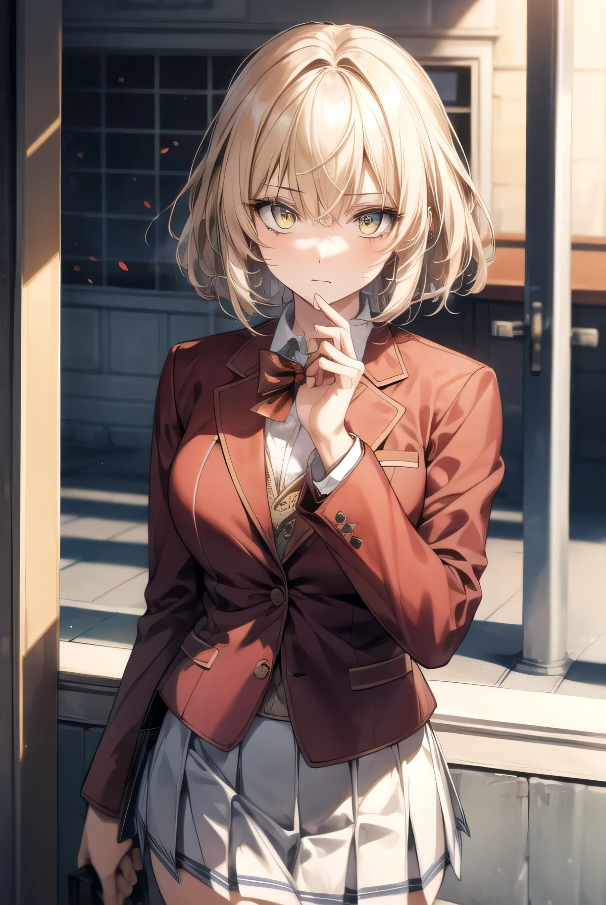 Messy hair, short blonde hair, (yellow eyes:1.3),
BREAK bow, school uniform, jacket, bowtie, blue bowtie, blazer, (red blazer:1.5), skirt, white skirt,
BREAK outdoors 
BREAK looking at viewer, (cowboy shot:1.5),
BREAK (masterpiece:1.2), best quality, high resolution, unity 8k wallpaper, (illustration:0.8), (beautiful detailed eyes:1.6), extremely detailed face, perfect lighting, extremely detailed CG, (perfect hands, perfect anatomy), 