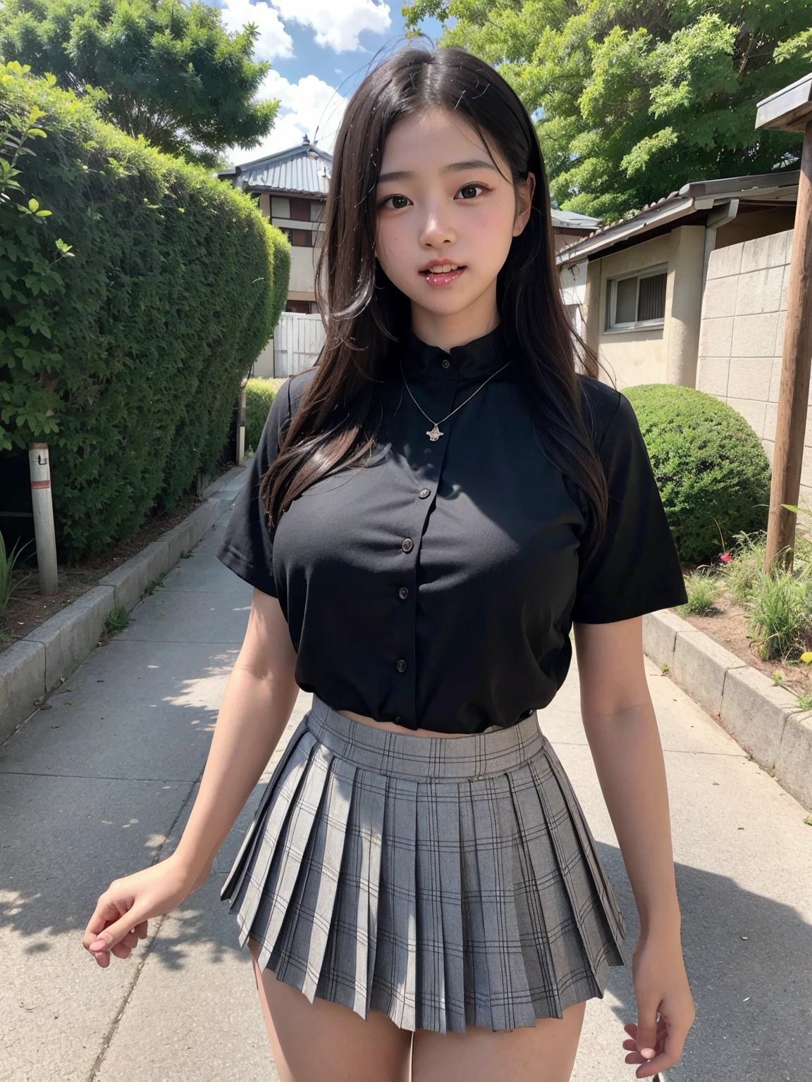 (Highest quality,masterpiece:1.3,Ultra-high resolution),(Very detailed、Caustics) (Realistic:1.4, RAW shooting、)Ultra-Realistic Capture、Very detailed、Natural skin texture、masterpiece、(A Japanese  wearing a black blouse and pleated skirt:1.3)、Adorable expression、Expressions of happiness、10 years old、height: 140cPure、Amazingly cute、Twin tayle、Curly Hair、ribbon、Black Hair、(Big Breasts:1.2)、Shining thighs、Shining ass、necklace、Sidewalk in a residential area、Background details、smile、An inviting gaze、(Anatomically correct)、Cowboy Shot、Attention to detail、(She&#39;s sucking a dick with a lewd face:1.4)