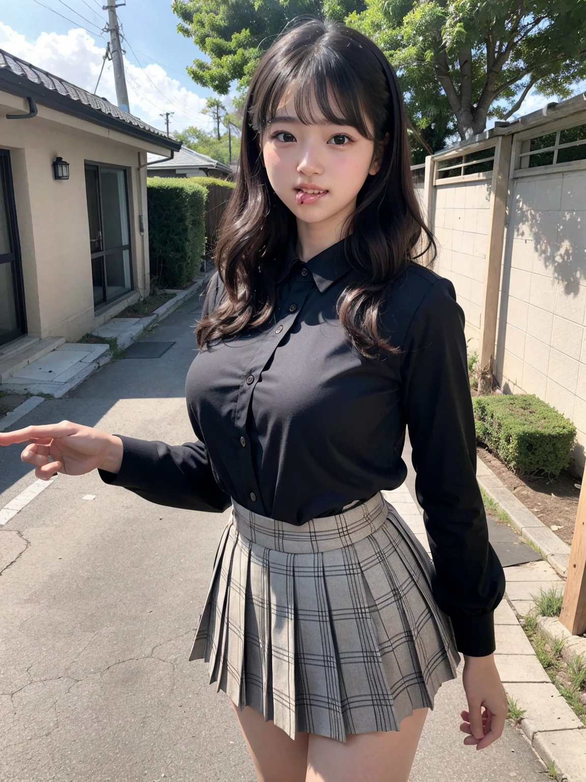 (Highest quality,masterpiece:1.3,Ultra-high resolution),(Very detailed、Caustics) (Realistic:1.4, RAW shooting、)Ultra-Realistic Capture、Very detailed、Natural skin texture、masterpiece、(A Japanese elementary school student wearing a black blouse and pleated skirt:1.3)、Adorable expression、Expressions of happiness、10 years old、height: 140cm、Baby Face、Pure、Amazingly cute、Twin tail hairstyle、Curly Hair、ribbon、Black Hair、(Big Breasts:1.2)、Shining thighs、Shining ass、necklace、Sidewalk in a residential area、Background details、smile、An inviting gaze、(Anatomically correct)、Cowboy Shot、Attention to detail、(She's sucking a dick with a lewd face:1.4)