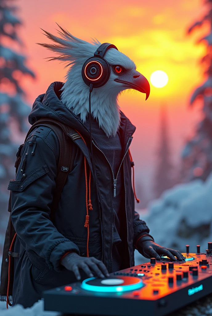 (nvinkpunk:1.2) (snwve style:0.8) DJ Eagle, earphone, anthropo, lightwave, sunset, intrikate, highy detailed