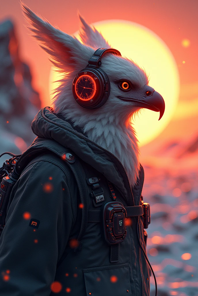 (nvinkpunk:1.2) (snwve style:0.8) DJ Eagle, earphone, anthropo, lightwave, sunset, intrikate, highy detailed