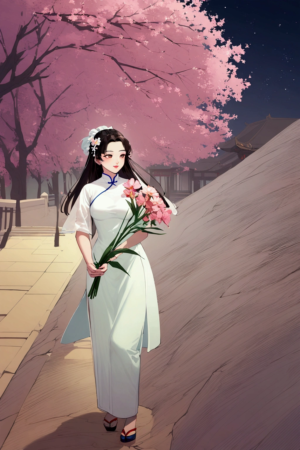 there is a woman standing on a sidewalk holding a flower, ao dai, in style of lam manh, white hanfu, cheongsam, traditional chinese clothing, with acient chinese clothes, a young asian woman, inspired by Cui Bai, young asian girl, with flowers, vietnamese woman, young asian woman, palace ， a girl in hanfu