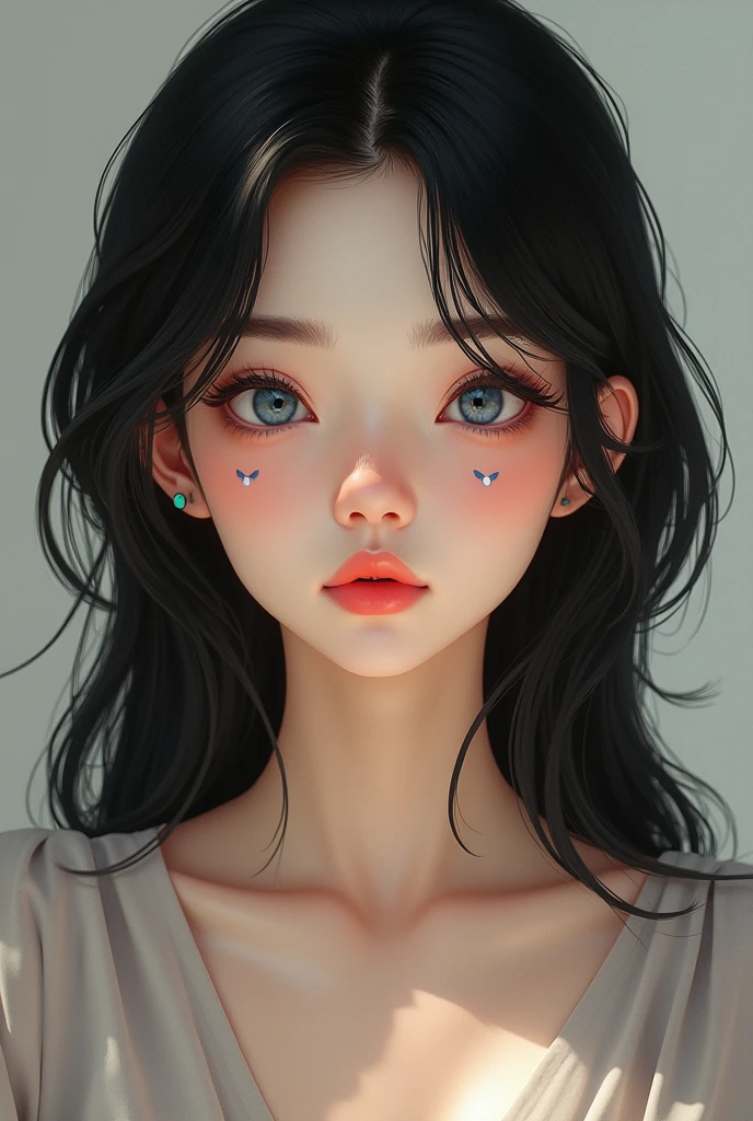 create a realistic image of her. soft blue eyes, buttom nose, heart shaped lips, almond eyes, long black hair, butterfly haircut, oval face shape, foxyelongated eyebrows, pale skin tone, beauty marks on bottom right eye and another one on left neck, she is half Burmese half american.