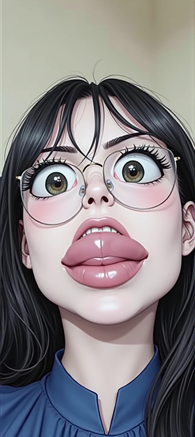 Erotic、Bedroom、Completely naked、slender、Smooth, very beautiful, white skin　A girl about 、Expressionless　Glasses、Black Hair、Sweat、Close-up of face　child　Small　Big eyes　Small breasts　Mouth up　Blowjob　Sucking dick