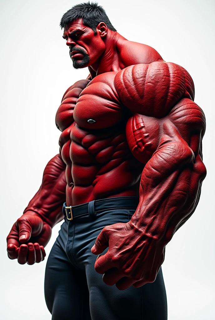 side view of full body of Red Hulk (marvel), iconic pose, pronounced muscles and jaggedskin, Surrealist, Hyperrealistic, ultra high res, sharp focus, highly detailed, high-key image, high key lighting image, A simple transparent background contrasts with the subject, highlighting every detail on the subject, Photorealistic, 8k