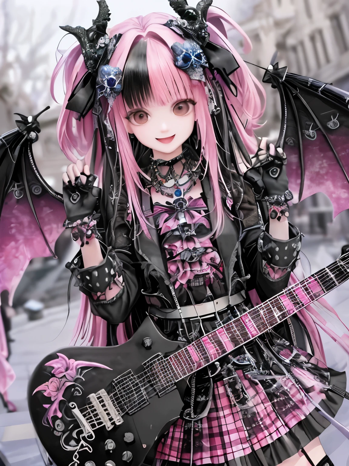 (masterpiece),(Highest quality),(Very detailed), (whole body:1.2), One person,cute, smile, Open your mouth, , Outdoor Stage, I&#39;m playing the guitar, music, Ear microphone, Holding the guitar, Flashy haori hakama, blush, ,Pink twin-tailed short hair, blush stickers, bangs, pink , (Beautifully detailed face), (Beautiful attention to detail),