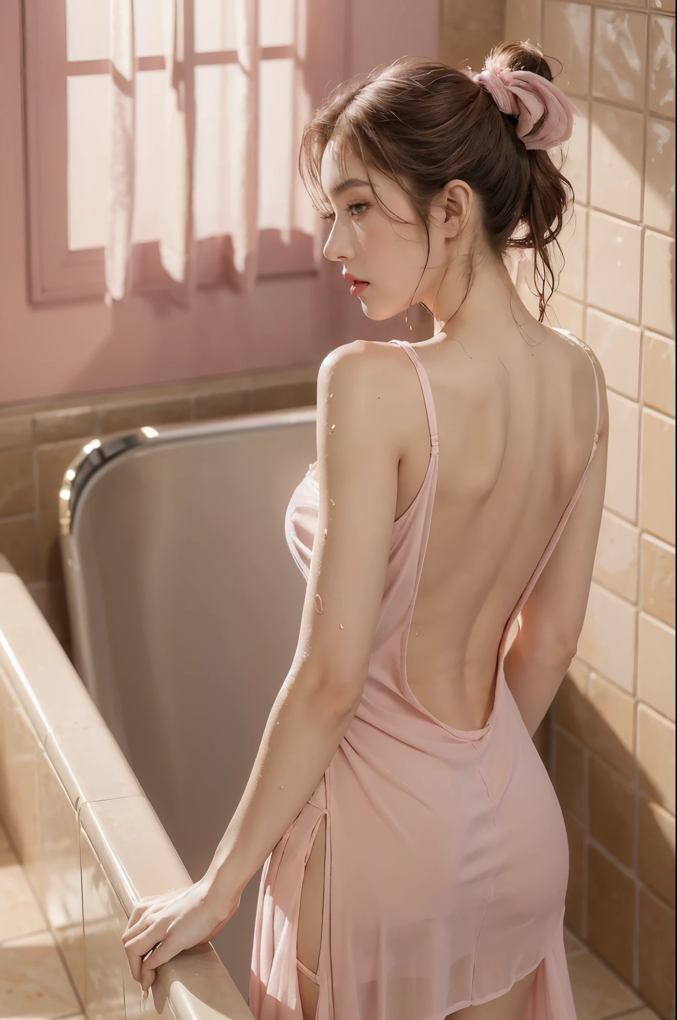 (((best quality))),(((ultra detailed))),(((masterpiece))),illustration,((1 beautiful girl,solo)),(short ponytail:1.2),((slim,thin)),((bare back,towering hips,butt crack)),(((sweat,wet))),delicate features,bright eyes,(sheer pink dress:1.3),(pink Ceramic tile walls and floors:1.2),(standing:1.3),(luxurious large bathtub:1.2),frothy bubbles,steam,warm glow,serenity,romance,plush fluffy rug,graceful pose,enchanting presence,sumptuous surroundings,keepsake,(indoor:1.3),(night scene:1.3),((from back,upper body))