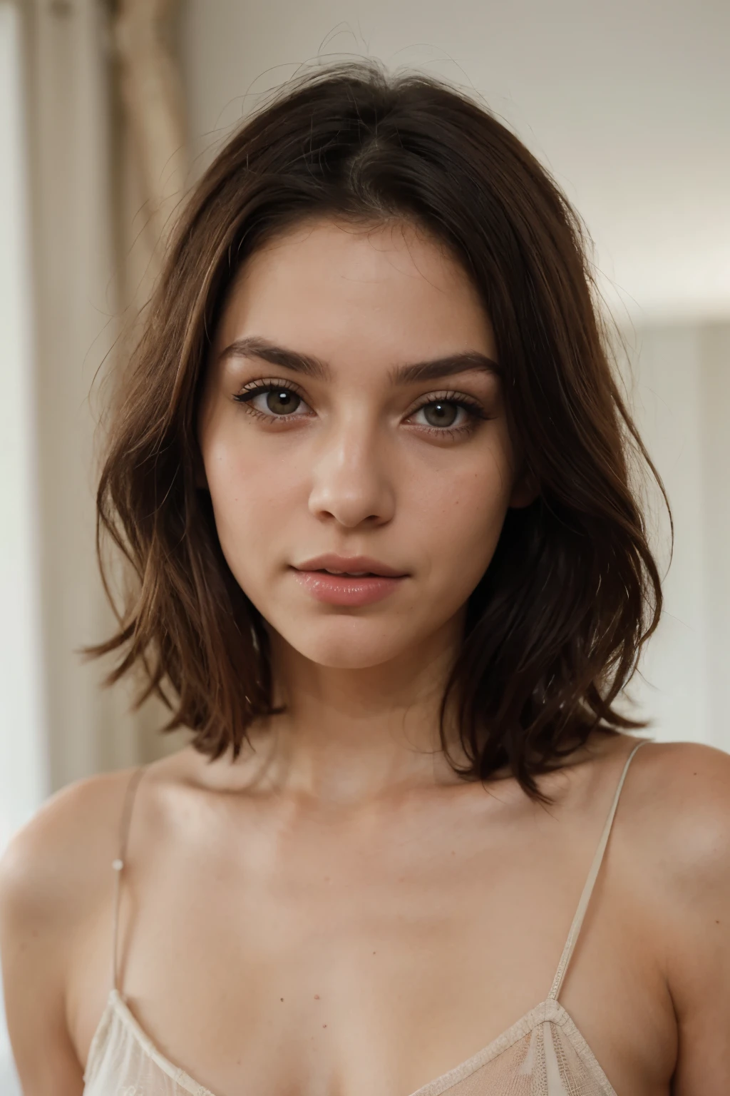 A hyper-realistic portrait of a young brunette woman with smooth, straight hair. She has Brazilian, with dark eyes with long eyelashe, a beautifully contoured and slightly elongated little nose, a warm, slightly tanned complexion, and a naturally expressive face. She has full and beautiful lips. The woman as a pretty makeup, highlighting her natural beauty. The image captures intricate details of her skin, hair, and expression.
She is wearing simple, elegant clothing. The background is neutral, keeping the focus on her face, and the overall resolution is very high to capture every detail.
