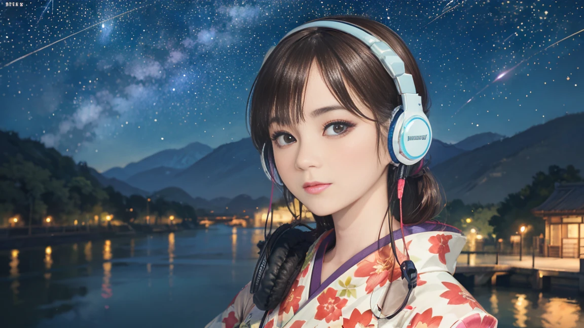 (Highest quality, 8k, masterpiece, High resolution), (whole body), Vibrant colors, ((headphones, wearing headphones)), Brown-black bob, Traditional round topknot, Ample , (Highly detailed face and eyes, Beautiful Face, Beautiful Eyes, Beautiful nose, Pretty lips), (Beautiful woman standing on a riverside observation deck), A friendly gaze, Oh! Facial expression that, (Vivid floral patterned kimono), Official Art, The background is a wide river, Nearby bridge, Riverside streetscape, Mountains in the distance, ((night, starry sky)), Detailed CG,
