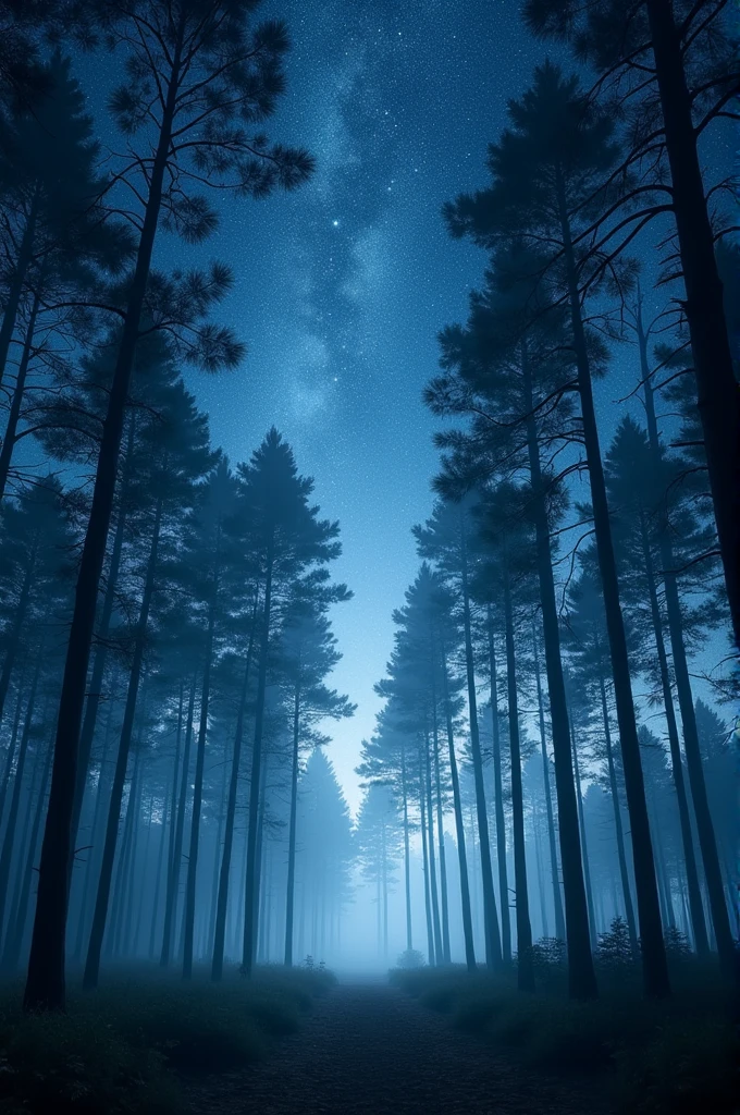 A beautiful night scene in a forest with a starry sky filled with countless stars, soft moonlight illuminating the trees, serene and magical atmosphere, high quality, 4k resolution