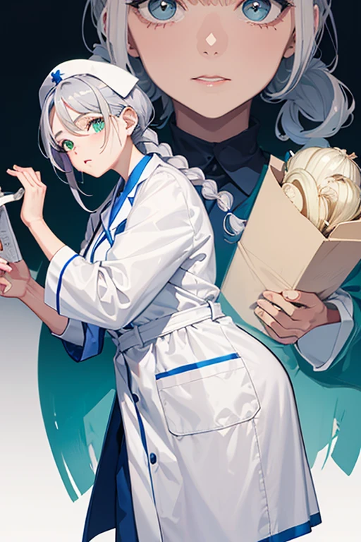 older woman with wrinkles about 90 years old, Mexican, fat complexion, nurse uniform, white coat, blue pants, short gray hair combed in braids with onions, green eyes, looking directly at the viewer white background.