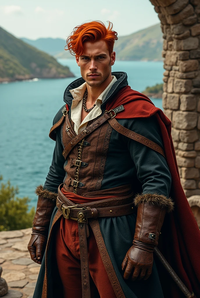 young adult man with red hair in medieval times and pirate, with a bold expression and an air of superiority