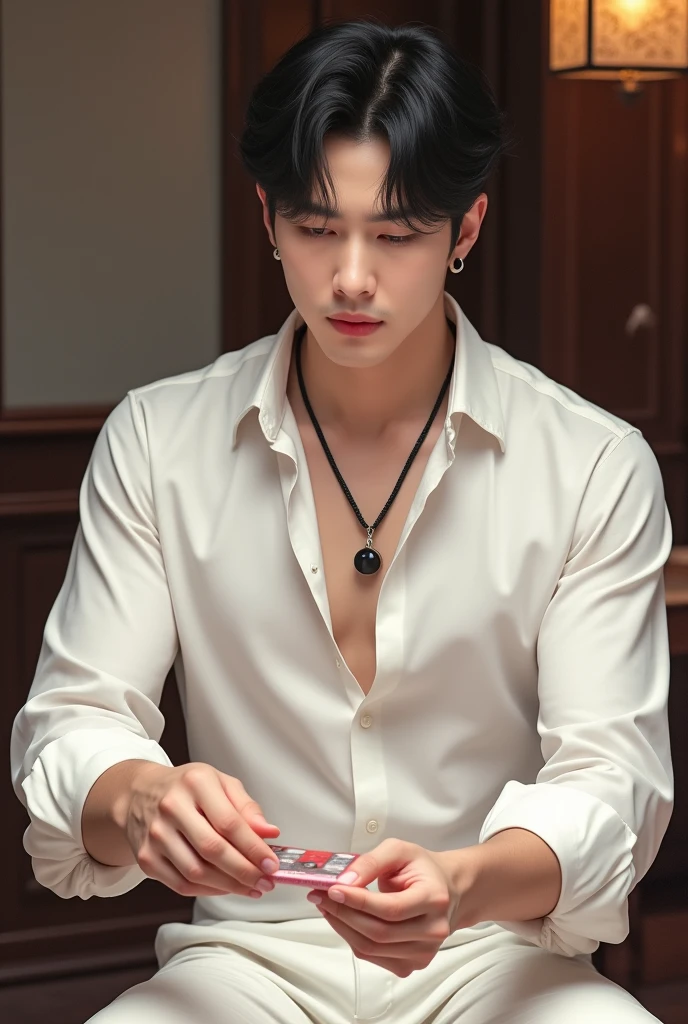 Korean man, not too small face structure, long eyelashes, short hair, black hair, light pink lipstick, velvet lipstick texture, equal eyes, high nose, wearing a black necklace, black earrings, wearing a white shirt, wearing white pants, playing a game.