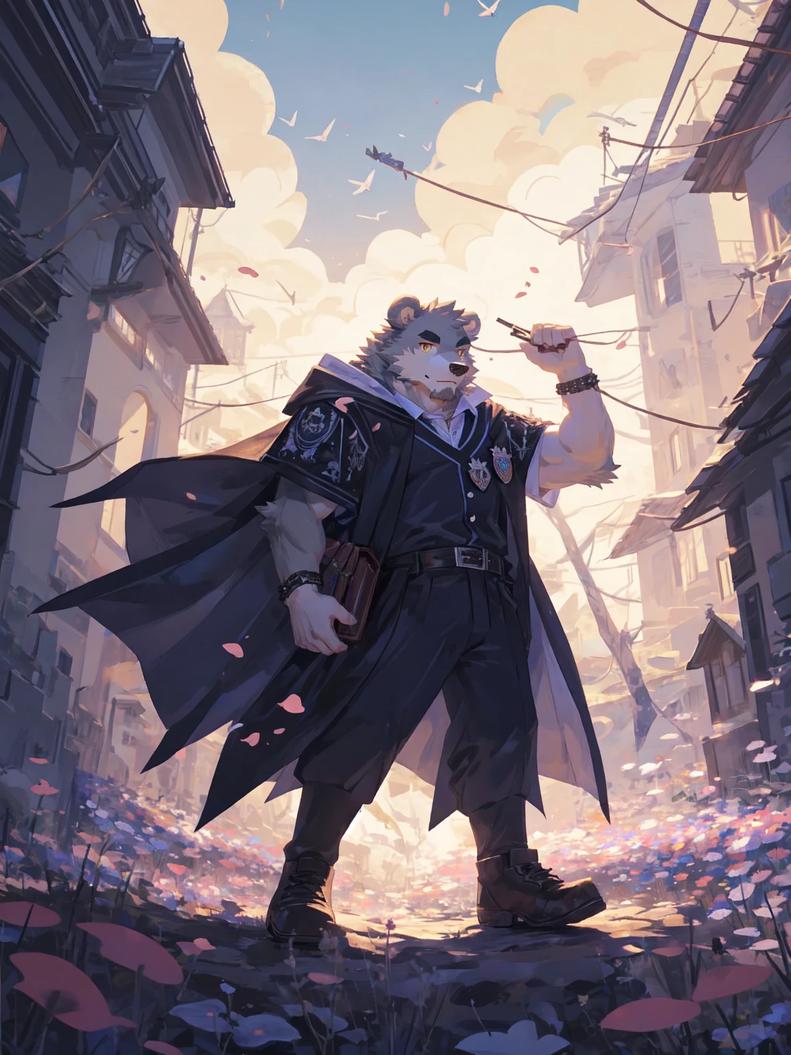 ultra-detailed,extremely detailed and beautiful, sky and white cloud and sunset glow background,ultra-detailed birds, (floating city in bloom, Floating petals, blooming gardens in the sky, many vines on the wall:1.2),Imagination,(masterpiece:1.2), best quality,pixiv,official art,perfect anatomy, (Ray tracing, light),solo, (1_male:1.3) , (muscle), (grey fur:1.4), (muscle bear), (beard:1.2), (gleaming golden eyes), bear tail, full body, Thick black eyebrows, Harry potter style,WIZARDRY UNIFORM,HOGWARTS,cloak,cardigan,shirt,pants,leather shoes,full body,(pure white background: 1.3), looking at viewer,dynamic pose