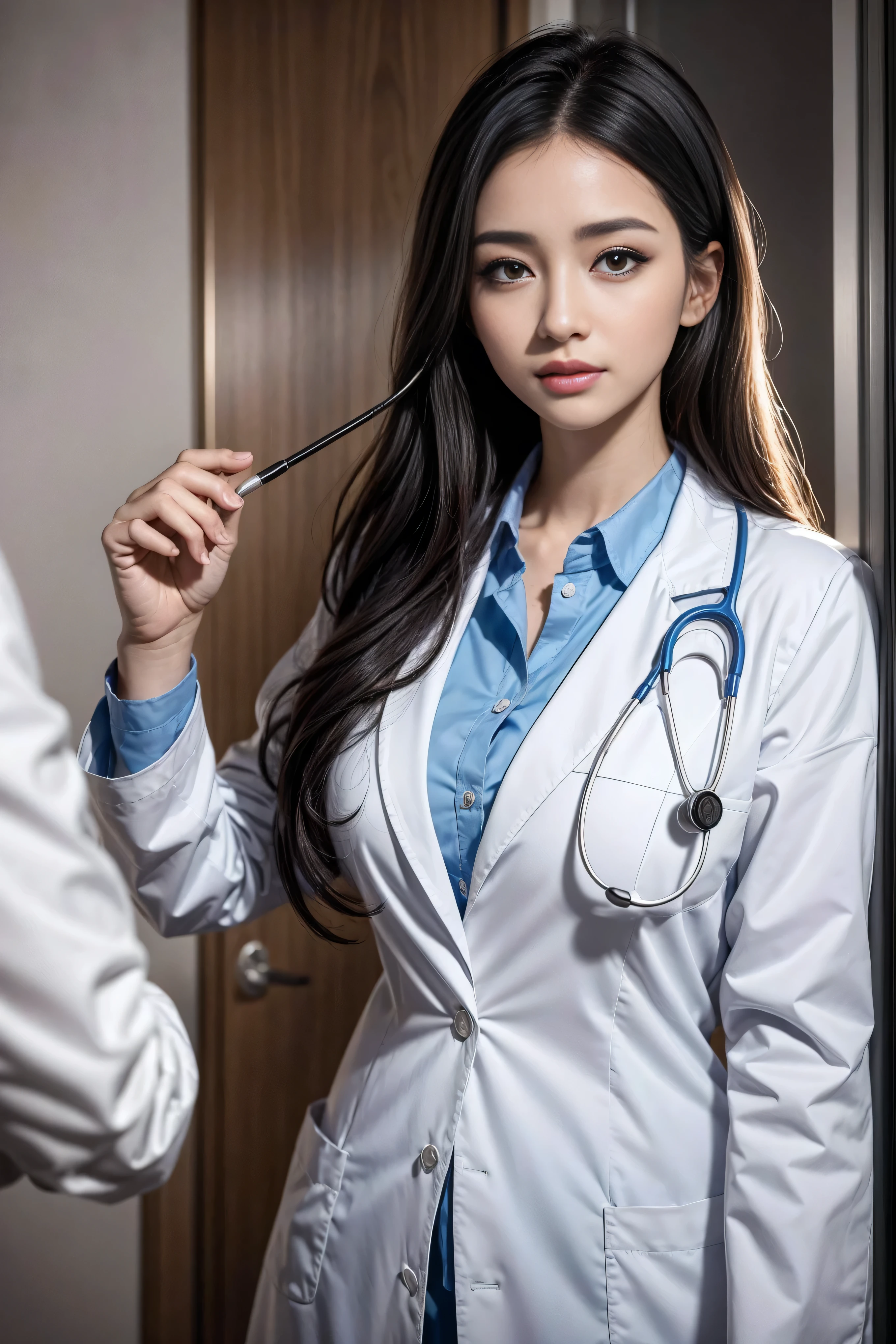 Realistic beautiful doctor、Stunning beauty、Doctor's white coat, Collared shirt、(Top quality、8K、32K、masterpiece、nffsw:1.3)、Ultra-high resolution,(Reality:1.4),Original Photography, Delicate face,,Beautiful hair, ((Doctor style)), , Black tight skirt、 Natural Makeup,, Full breasts、Inside the hospital, Detailed background, Perfect lighting, Depth of Field, Beautiful shadow gradient,Stethoscope ,