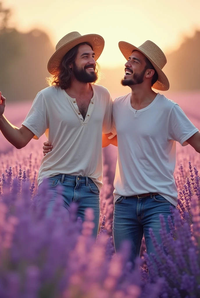 Viewed diagonally from above. Jesus Christ and a Japanese man are dancing in a lavender field. They look wise and wise and laugh happily. Their faces convey deep wisdom and empathy, exuding warmth and understanding. They are wearing white T-shirts, jeans, and straw hats. Jesus of Nazareth is depicted as a gentle, gentle man with shoulder-length hair. His wavy brown hair flows over his shoulders. The Japanese man's face shows deep wisdom and empathy, and he is depicted as a kind-hearted Japanese man with a Buddha-like shaved head and a calm and cheerful expression. they are shining. Surrounded by rainbow-colored light. Purple lavender field. People take pictures of them. Photography, close-up, highly detailed, trending at the art station, sharp focus, studio shot, intricate details, Greg Rutkowski,