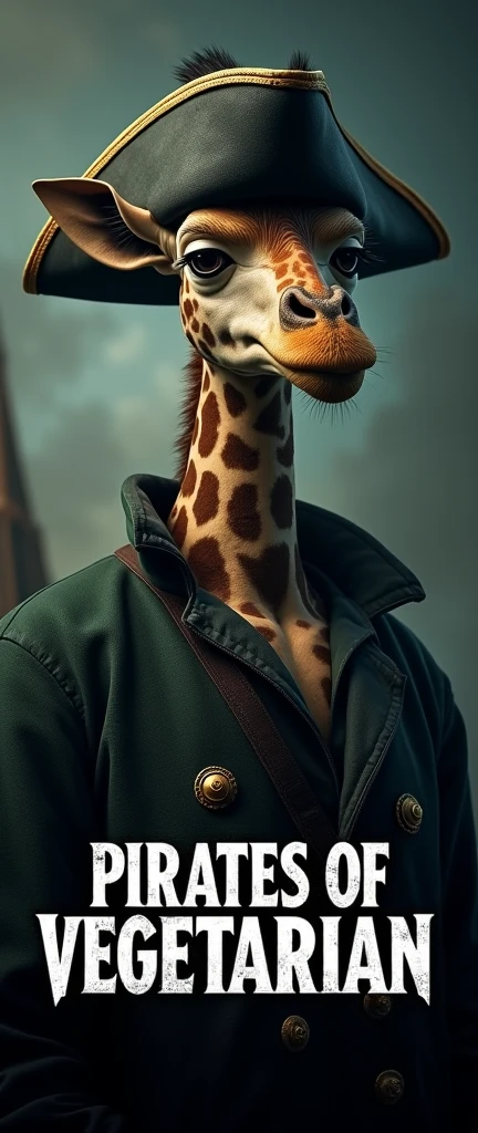 Create a cinematic poster featuring photorealistic portrait of Dressed animals - a ((fat)) giraffe pirate, , wearing pirate costume and pirate hat , with a serious, intense expression, He should be slightly off-center in the composition, The background should be dark and gritty, pirate's ship with smoky or grunge textures, Use a color scheme of black, deep blues, and dark greens, with subtle silver or gold accents to capture the show's mood, At the bottom of the poster, place the text "PIRATES OF VEGETARIAN" in large, bold, distressed letters, in a sans-serif font. The text should have a cinematic style, with slight shadow or glow effects to make it stand out against the background.