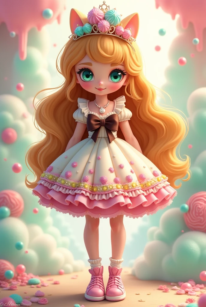 charachter **hair-color:** Long, wavy hair in golden caramel tones, with reflections reminiscent of the shine of caramelized sugar.

**eyecolor:** Large, bright mint green eyes, like a refreshing blend of mint and vanilla.

**badass clothing:** Lucia wears a dress with a candy print and icing details, that changes color depending on light and temperature. She has a big bow at her waist made of chocolate ribbon., and wears pink sneakers with little pearls that look like gummy bears. At special events, she adds a cotton candy layer that dissolves into pastel colored clouds.

**Accessories:** A sugar crystal diadem and a necklace with a lollipop-shaped pendant. 

**Personalidade:** she's sweet, kind and curious, always willing to explore new areas of the kingdom and discover secret sweet recipes. 