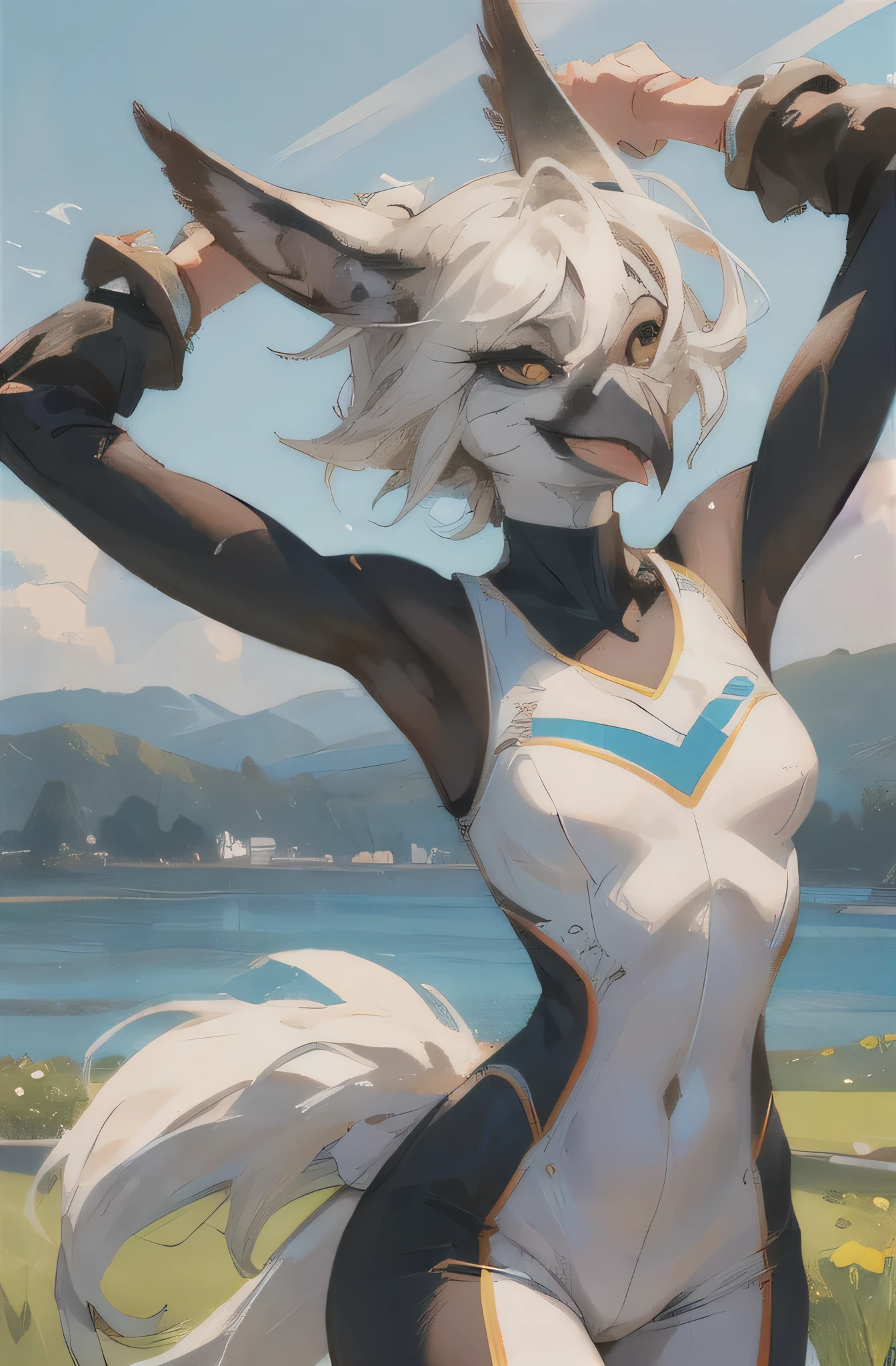 ((masterpiece, Best Quality)),sunny, Meadow, vivid color,  the second, bird, winged arms, wing hands, Alas, beak, Bill, female, furry, Colorful clothes, flying