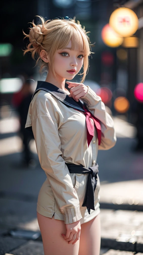 （（a blond、Himiko Toga、Dark eye shadow、Dark eyeliner、Patsun、Twin-tailed、Bun head、tthin eyebrows、Flashy kimono、innocent smiles））、NSFW、​masterpiece、top-quality、hightquality、magnifica、Beautiful fece、hight resolution、Very high resolution、Raw photo、Best Illustration、hyper realisitic、1girl in、realisitic、The ultra-detailliert、Photorealsitic、incredibly absurdness、a closeup、Floating hair、Soft light、Cinema Lights、Film grain、full body Esbian、depth of fields、blurry backround、bokeh dof:1.4、eyes focus、85mmレンズ、professionally lit、lensflare、Luminous particles:0.6、Professional Writing、portlate:0.6、Photon mapping、Radio City、physically-based renderingt、a japanese girl、sexual excitement:1.5、Lifelike face、Realistic body、real looking skin、huge-breasted:1.3、well-styled、camel's toe、light skinned:1.1、cute little:1.5