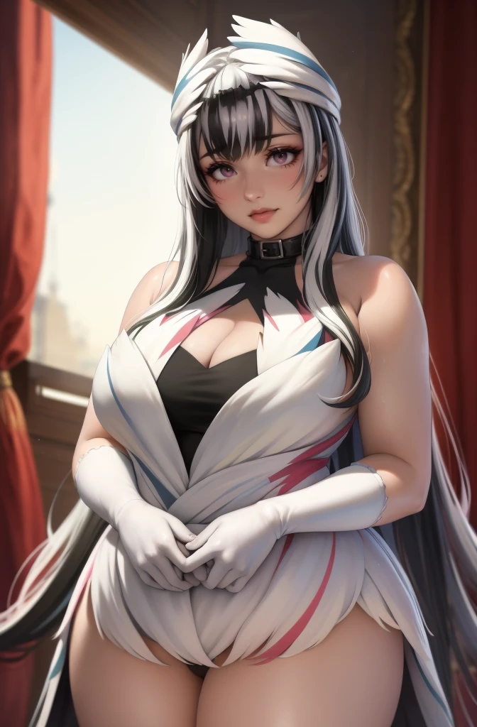 (best quality,4k,8k,highres,masterpiece:1.2), ultra-detailed, (realistic,photorealistic,photo-realistic:1.37), HDR, UHD, studio lighting, ultra-fine painting, sharp focus, physically-based rendering, extreme detail description, professional, vivid colors, bokeh, portraits, photography, (best quality,masterpiece:1.3), (mature woman, milf), (tall:1.2), anime, masterpiece, beautiful eyes, best quality, detailed face, 1girl, solo, beautiful, veyle, purple eyes, long hair, very long hair, (black and white hair:1.2), dress, gloves, bare shoulders, white dress, collar, sleeveless dress, elbow gloves, cleavage, curvy, Chubby, Chubby Face, Plump, Fat, Fat Rolls, big belly, sciamano240, soft shading, detailed, semi-realistic, Weight Obese